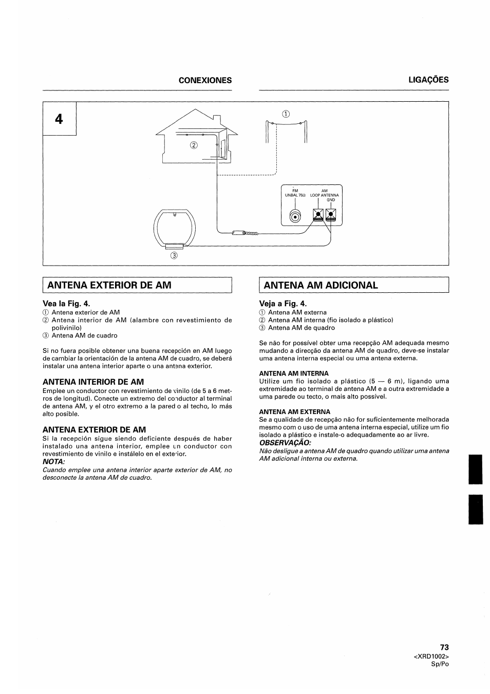 Antena exterior de am, Antena am adicional, Vea la fig. 4 | Antena interior de am, Veja a fig. 4 | Pioneer SX-209RDS User Manual | Page 73 / 130