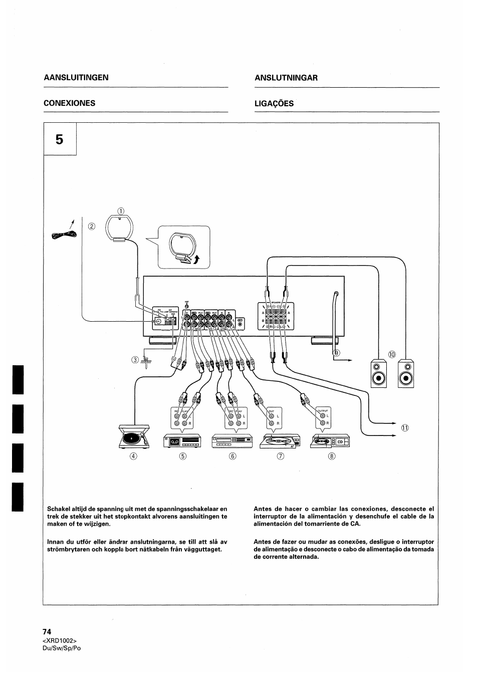 Conexiones, Ligaqöes, Connections | Pioneer SX-209RDS User Manual | Page 74 / 130