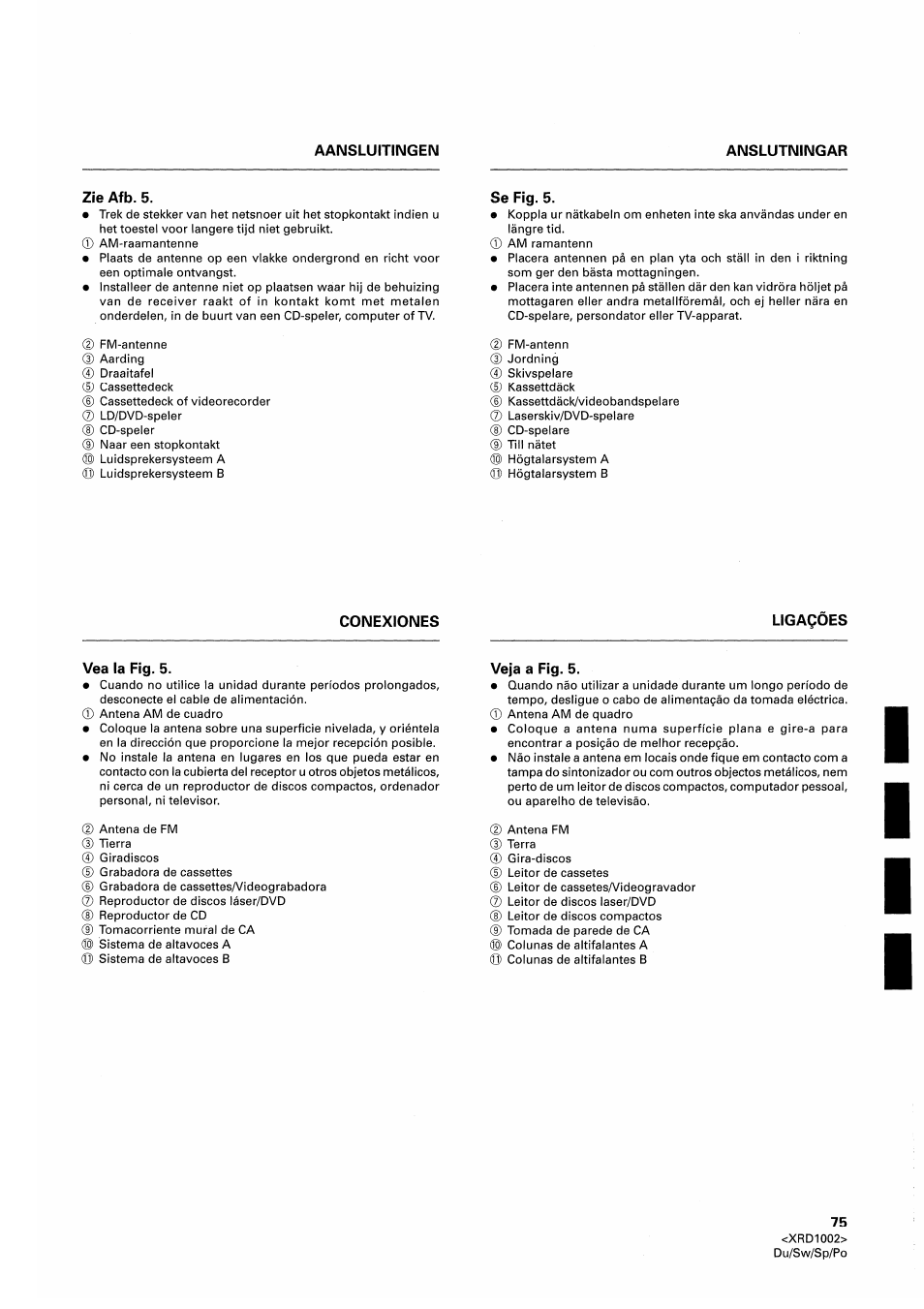 Zie afb. 5, Se fig. 5, Conexiones | Vea la fig. 5, Veja a fíg. 5, I i i i | Pioneer SX-209RDS User Manual | Page 75 / 130
