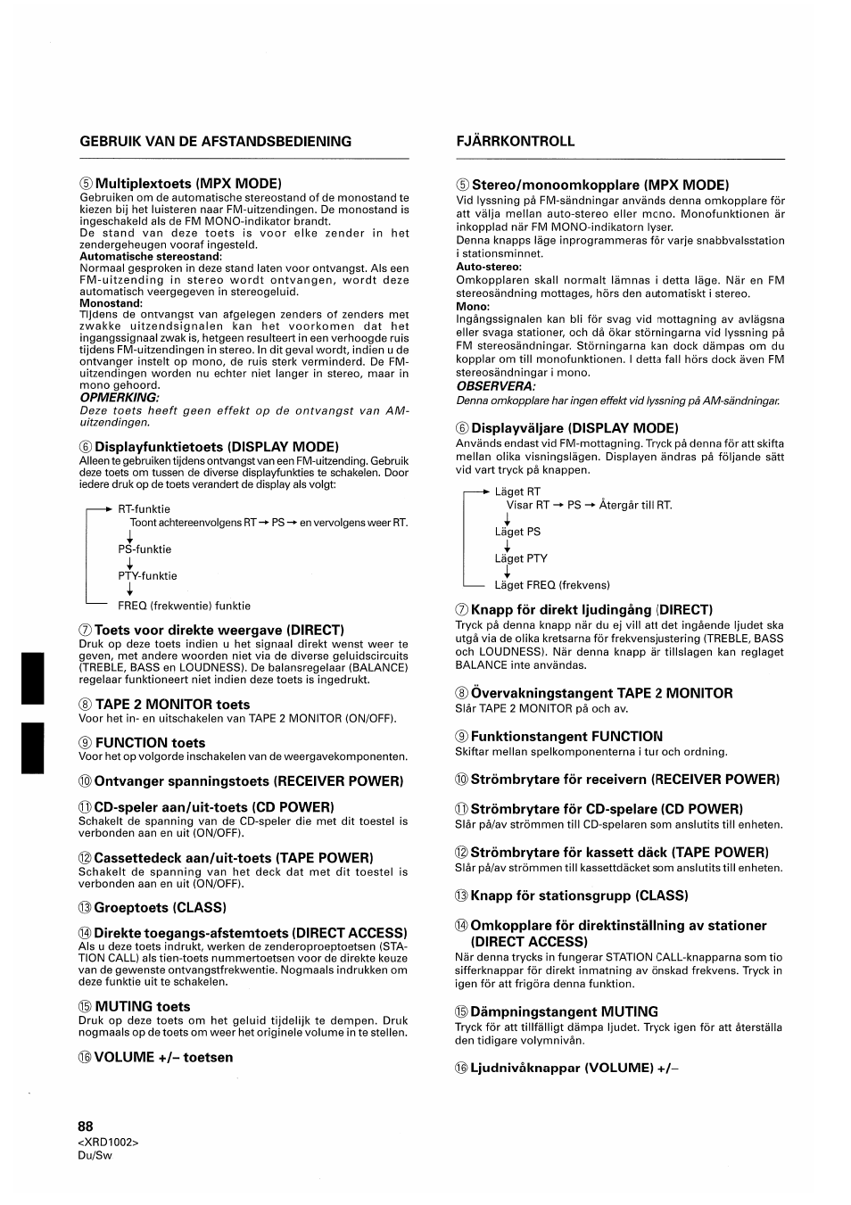 Gebruik van de afstandsbediening, Dmultiplextoets (mpx mode), Displayfunktietoets (display mode) | Toets voor direkte weergave (direct), D tape 2 monitor toets, D function toets, Cassettedeck aan/uit-toets (tape power), Groeptoets (class), Direkte toegangs-afstemtoets (direct access), Muting toets | Pioneer SX-209RDS User Manual | Page 88 / 130