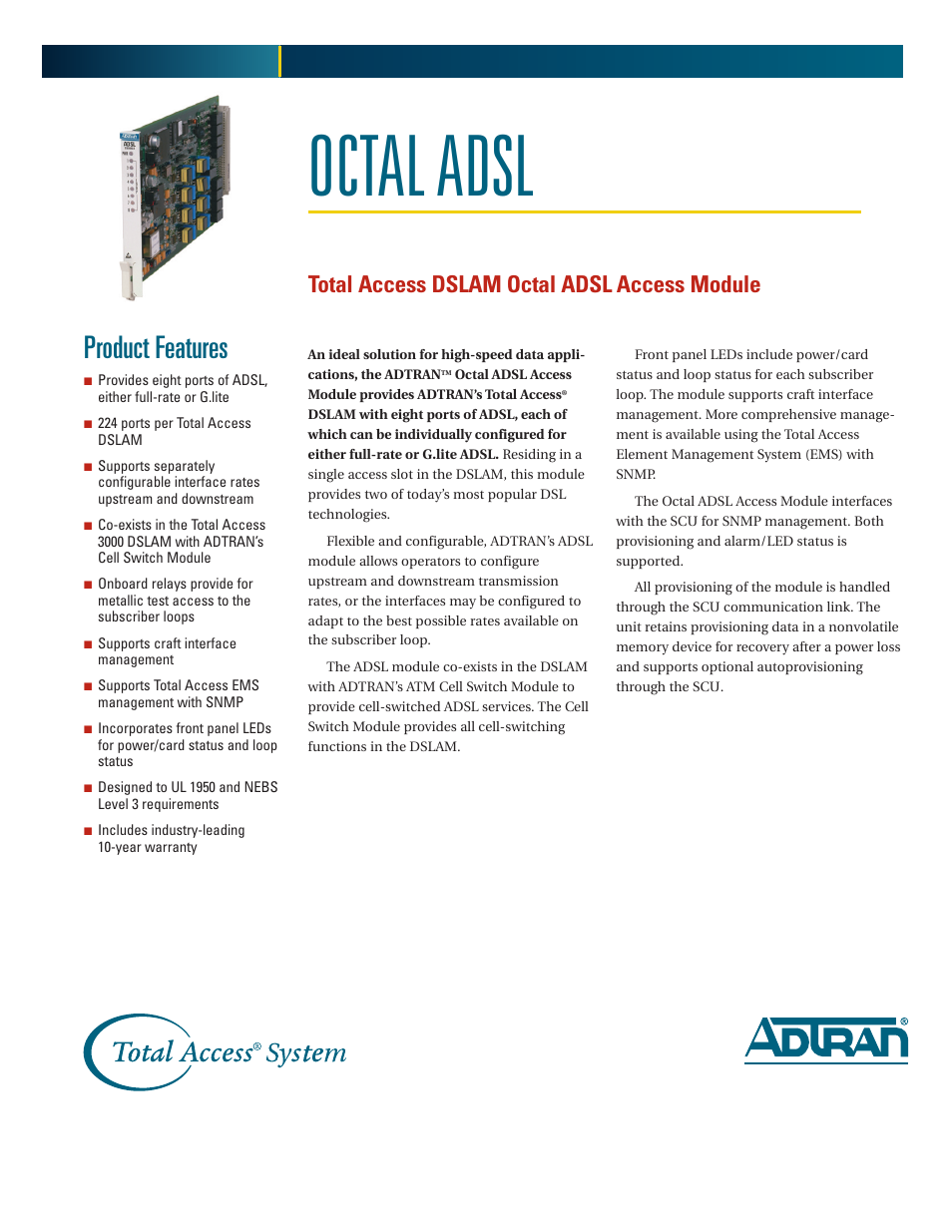 ADTRAN Total Access Octal ADSL User Manual | 2 pages