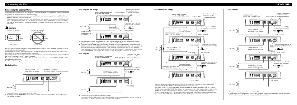 Connecting the unit <english, Connecting the speaker wires, Caution | Single amplifier, Diagram a - proper, Diagram b - improper, Two amplifier (ex. bridge), Two amplifier, Four amplifier (ex. bridge), Four amplifier | Pioneer PRS-D1000M User Manual | Page 3 / 8