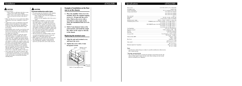 Specifications <english, Installation <english, Replacing the terminal cover | Pioneer PRS-D1000M User Manual | Page 4 / 8