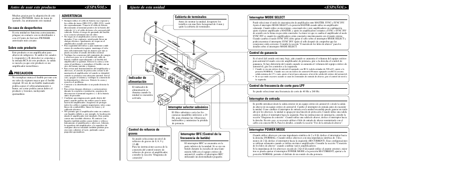En caso de desperfectos, Sobre este producto, Precaucion | Advertencia, Control de ganancia, Indicador de alimentación, Cubierta de terminales, Interruptor de entrada, Control de refuerzo de graves, Control de frecuencia de corte para lpf | Pioneer PRS-D1000M User Manual | Page 5 / 8