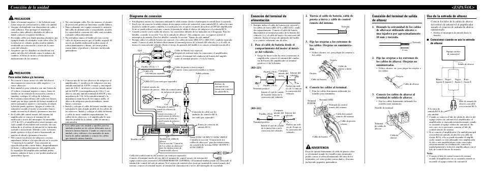 Conexión de la unidad <español, Conexión del terminal de alimentación, Conexión del terminal de salida de altavoz | Uso de la entrada de altavoz, Diagrama de conexión | Pioneer PRS-D1000M User Manual | Page 6 / 8