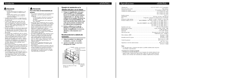 Instalación <español, Especificaciones <español, Recolocación de la cubierta de terminales | Pioneer PRS-D1000M User Manual | Page 8 / 8