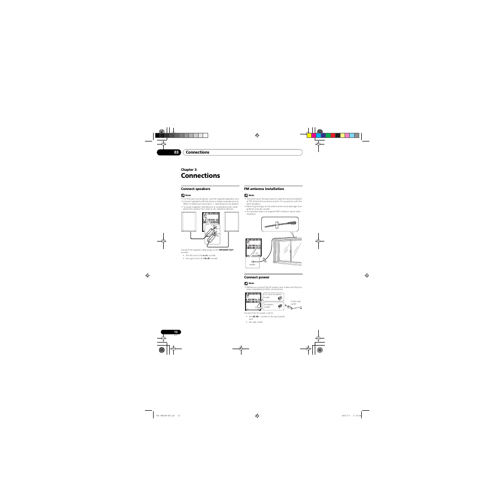 03 connections, Connect speakers, Fm antenna installation | Connect power, Connections | Pioneer X-EM21 User Manual | Page 12 / 76