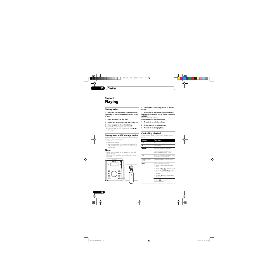 05 playing, Playing a disc, Playing from a usb storage device | Controlling playback, Playing | Pioneer X-EM21 User Manual | Page 14 / 76