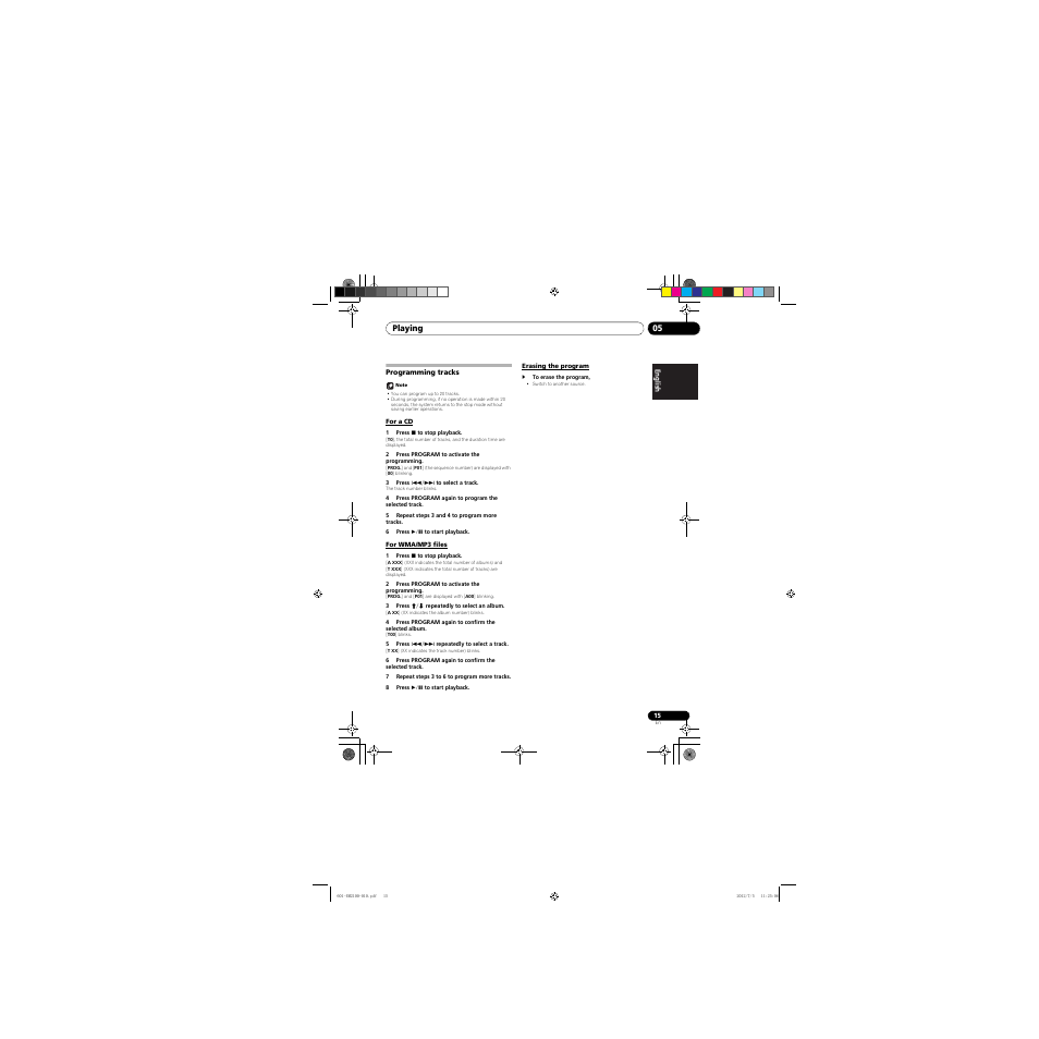 Programming tracks, For a cd, For wma/mp3 files | Erasing the program | Pioneer X-EM21 User Manual | Page 15 / 76