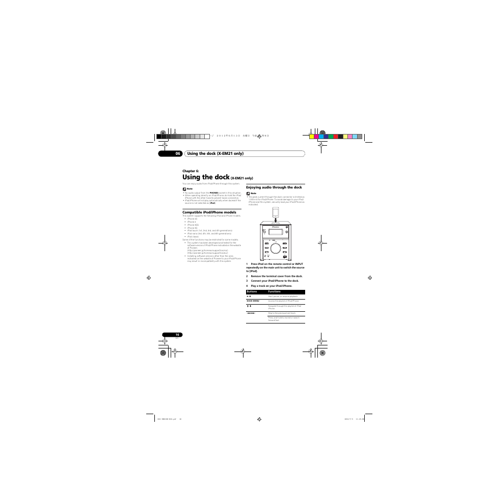 06 using the dock (x-em21 only), Compatible ipod/iphone models, Enjoying audio through the dock | Using the dock | Pioneer X-EM21 User Manual | Page 16 / 76