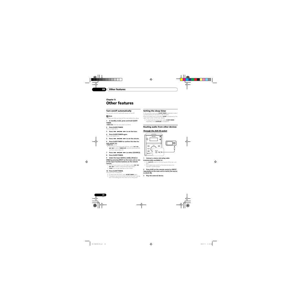 09 other features, Turn on/off automatically, Setting the sleep timer | Routing audio from other devices, Through the aux in socket, Other features | Pioneer X-EM21 User Manual | Page 20 / 76