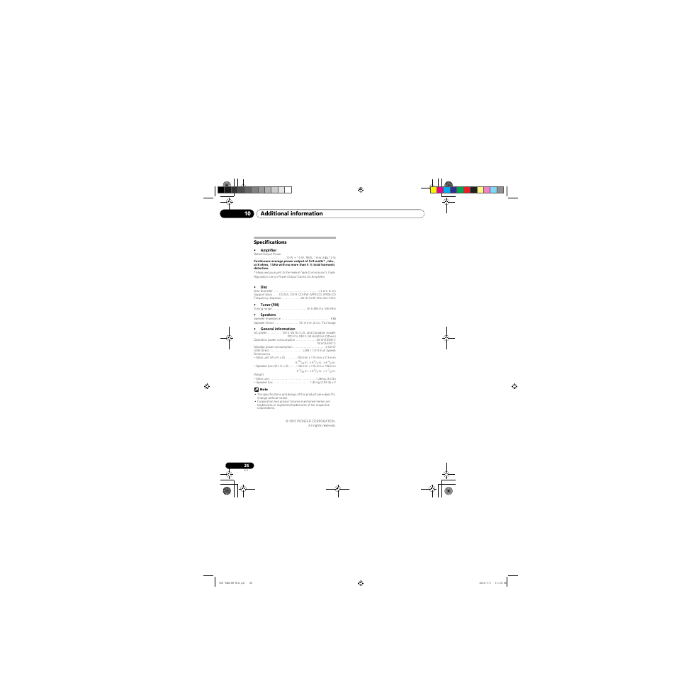 Specifications, Additional information 10 | Pioneer X-EM21 User Manual | Page 26 / 76