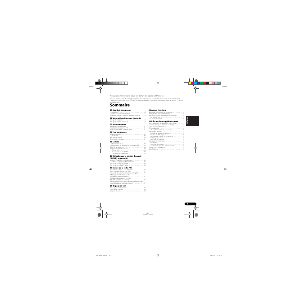 Micro chaîne cd, Mode d’emploi, Sommaire | Pioneer X-EM21 User Manual | Page 31 / 76