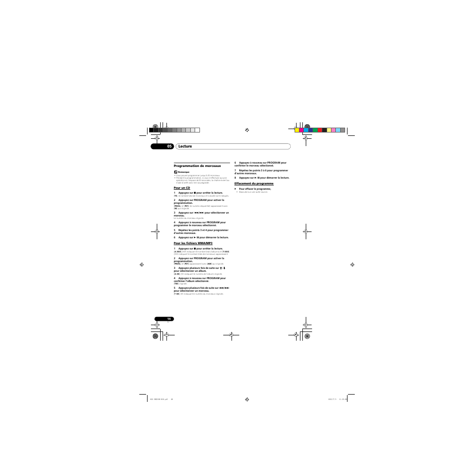 Programmation de morceaux, Pour un cd, Pour les fichiers wma/mp3 | Effacement du programme | Pioneer X-EM21 User Manual | Page 40 / 76