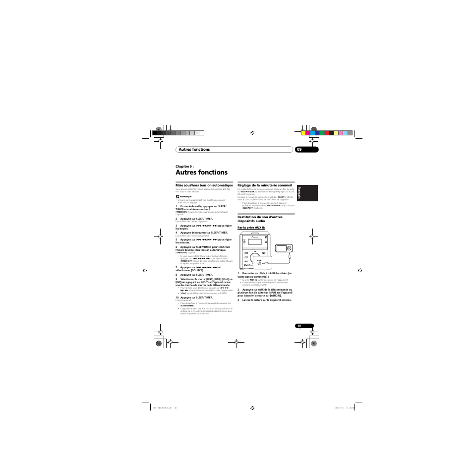 09 autres fonctions, Mise sous/hors tension automatique, Réglage de la minuterie sommeil | Restitution du son d’autres dispositifs audio, Par la prise aux in, Autres fonctions | Pioneer X-EM21 User Manual | Page 45 / 76