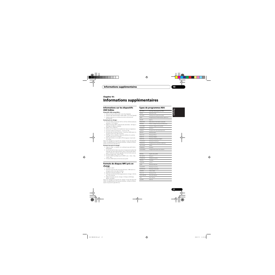 10 informations supplémentaires, Informations sur les dispositifs usb lisibles, Formats de disques mp3 pris en charge | Types de programmes rds, Informations supplémentaires, Informations supplémentaires 10 | Pioneer X-EM21 User Manual | Page 47 / 76