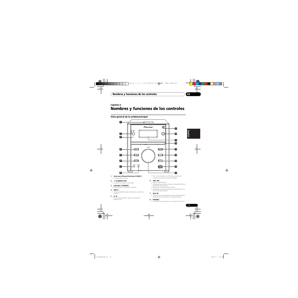 02 nombres y funciones de los controles, Vista general de la unidad principal, Nombres y funciones de los controles | Pioneer X-EM21 User Manual | Page 57 / 76