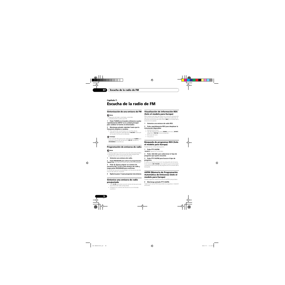 07 escucha de la radio de fm, Sintonización de una emisora de fm, Programación de emisoras de radio | Sintonice una emisora de radio preajustada, Visualización de información rds, Solo el modelo para europa), Búsqueda de programas rds, Aspm (memoria de programación automática, De emisoras) (solo el modelo para europa), Escucha de la radio de fm | Pioneer X-EM21 User Manual | Page 66 / 76