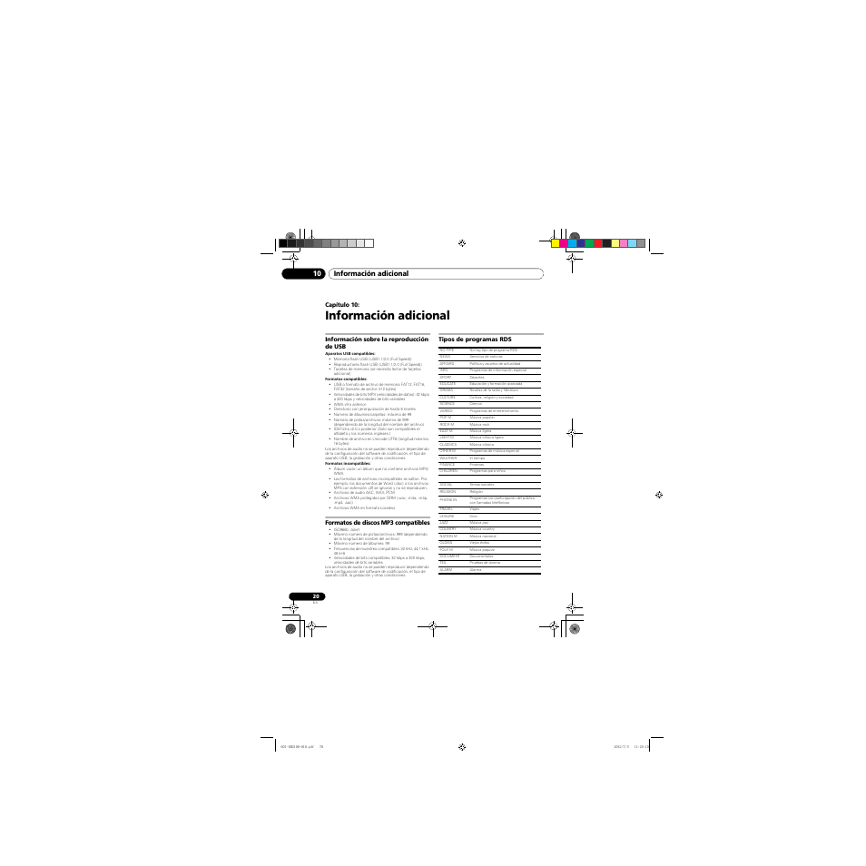 10 información adicional, Información sobre la reproducción de usb, Formatos de discos mp3 compatibles | Tipos de programas rds, Información adicional, Información adicional 10 | Pioneer X-EM21 User Manual | Page 70 / 76