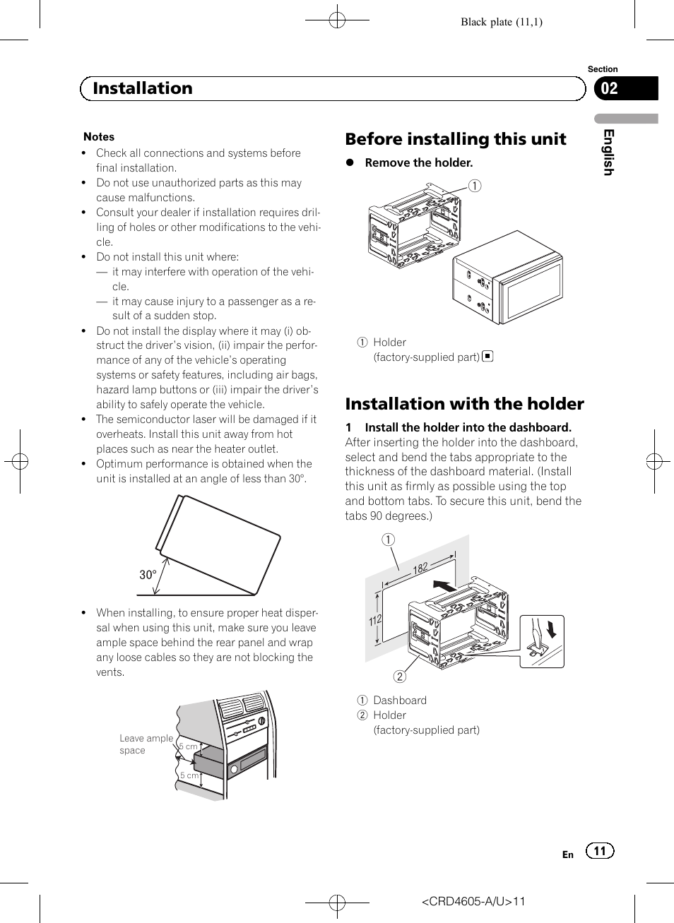 Before installing this unit, Installation with the holder, 02 installation | Pioneer AVH-8400BT User Manual | Page 11 / 88