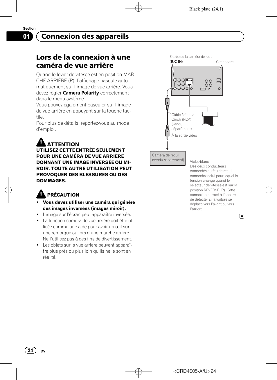 Lors de la connexion à une caméra de vue arrière, 01 connexion des appareils | Pioneer AVH-8400BT User Manual | Page 24 / 88