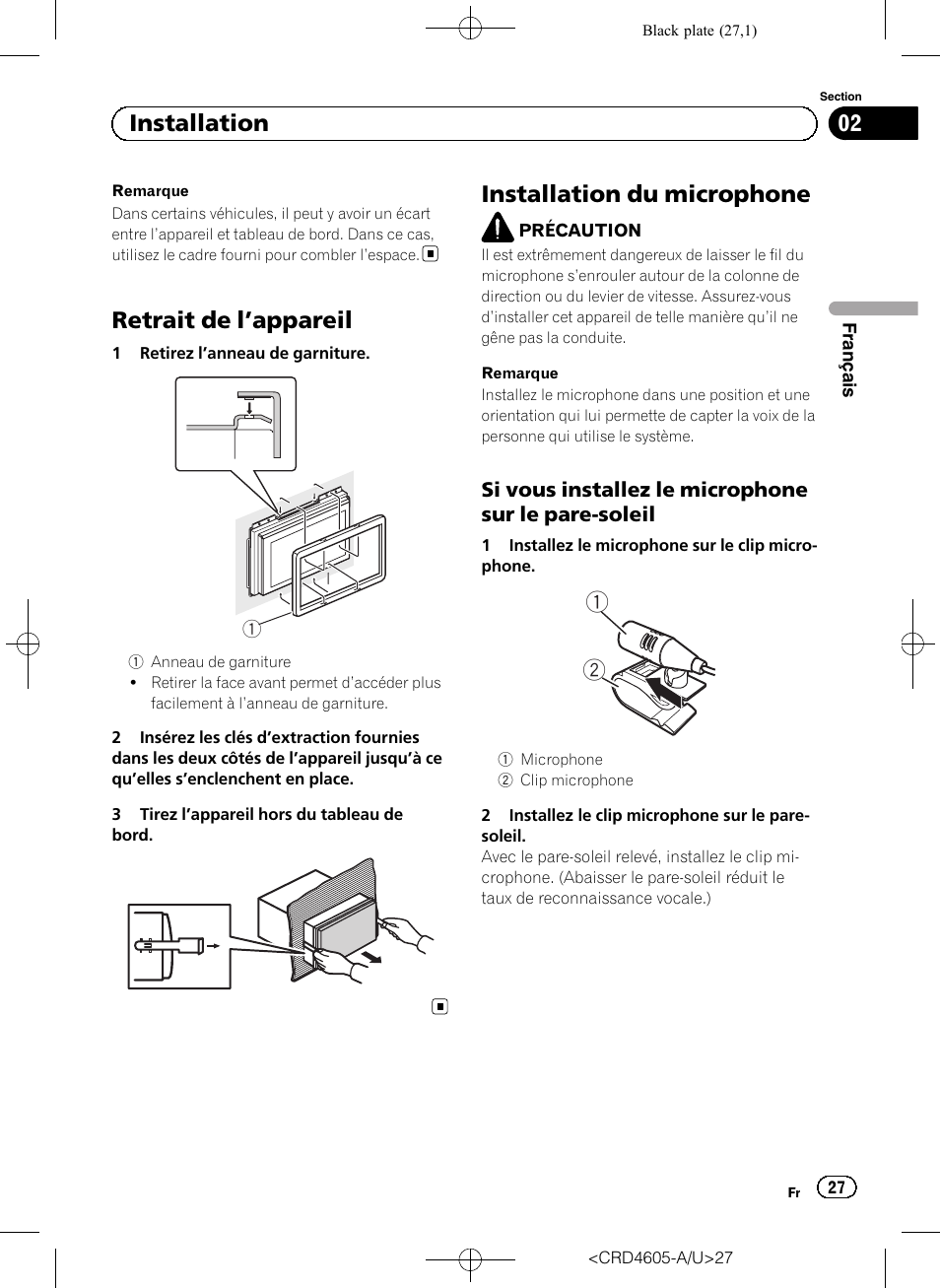 Retrait de l ’appareil, Installation du microphone, 02 installation | Pioneer AVH-8400BT User Manual | Page 27 / 88