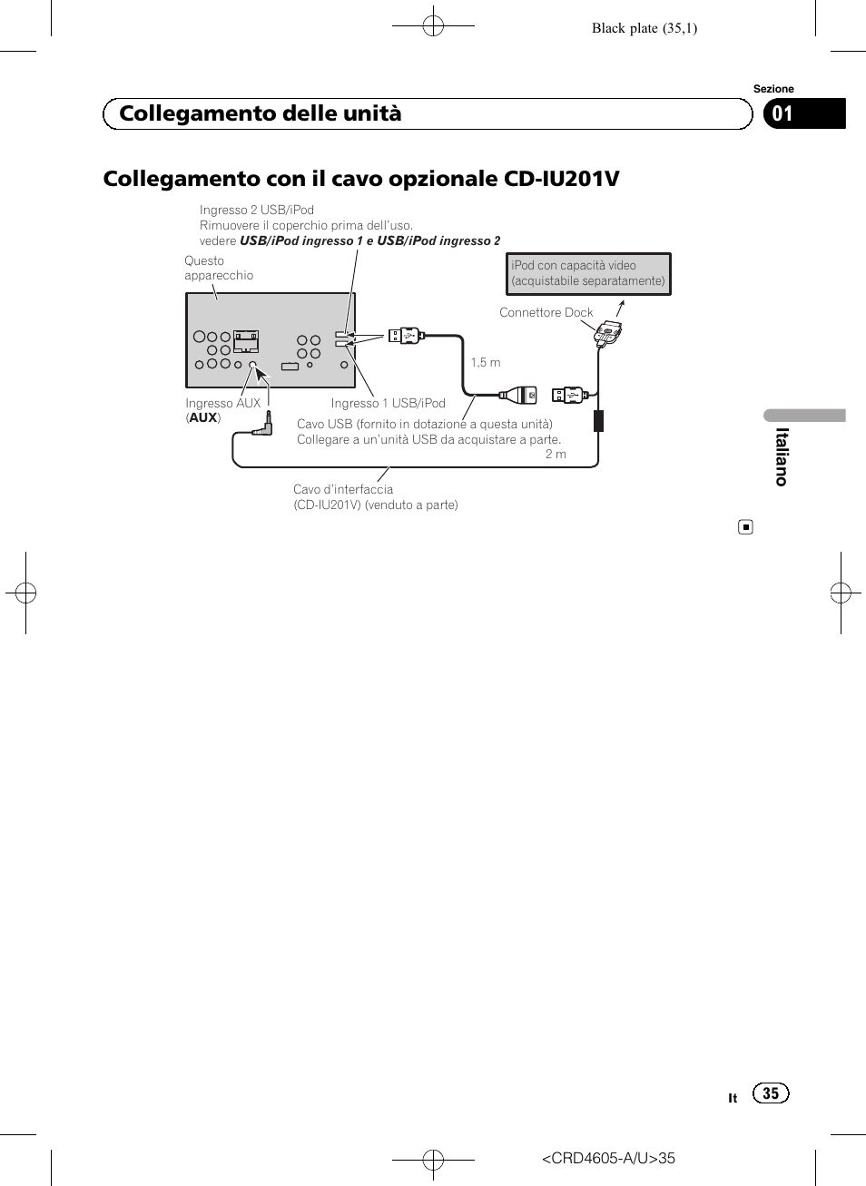 Collegamento con il cavo opzionale cd-iu201v, 01 collegamento delle unità | Pioneer AVH-8400BT User Manual | Page 35 / 88