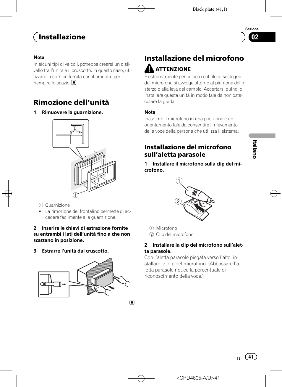 Rimozione dell ’unità, Installazione del microfono, 02 installazione | Pioneer AVH-8400BT User Manual | Page 41 / 88