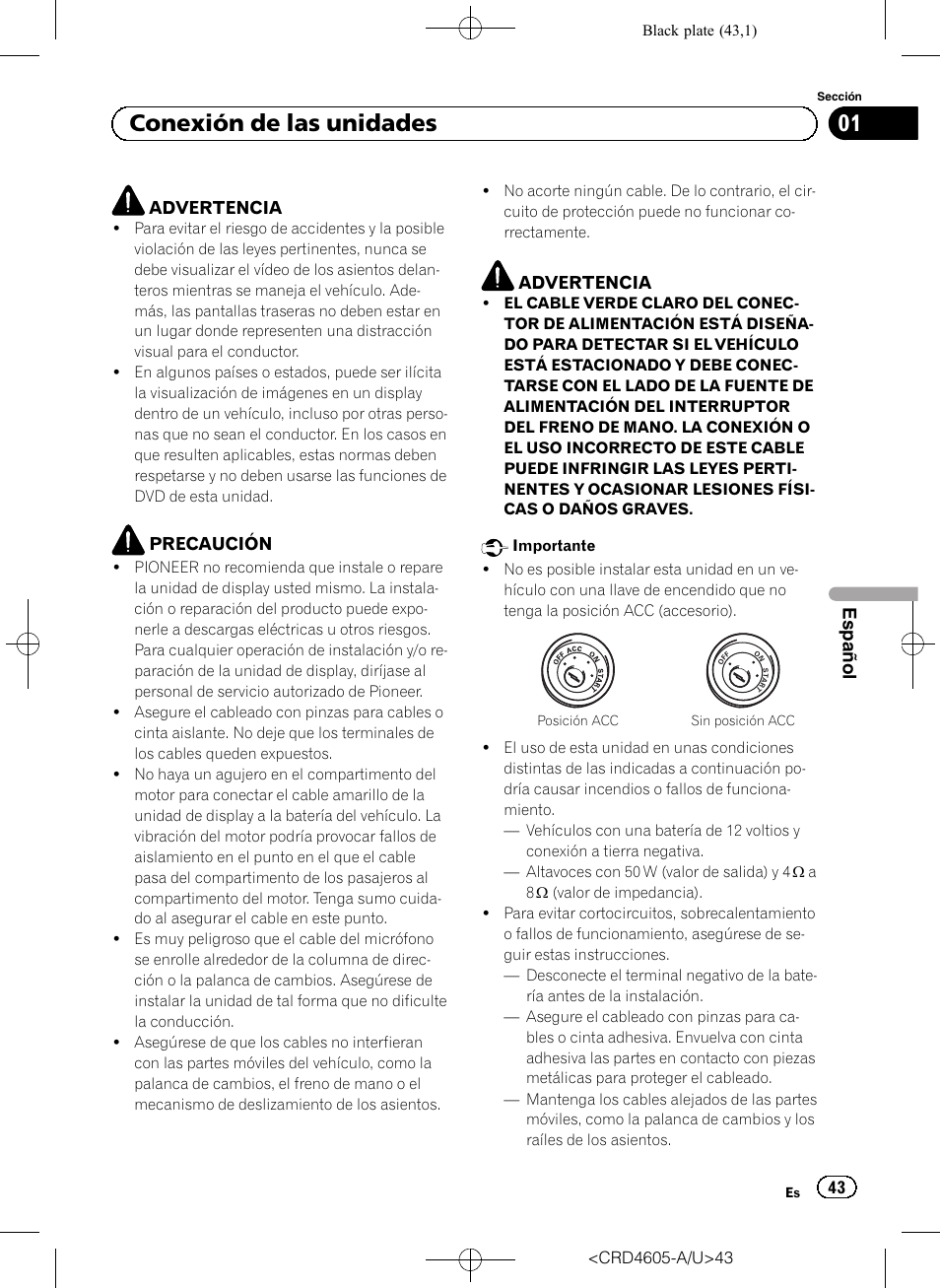 Español, 01 conexión de las unidades | Pioneer AVH-8400BT User Manual | Page 43 / 88