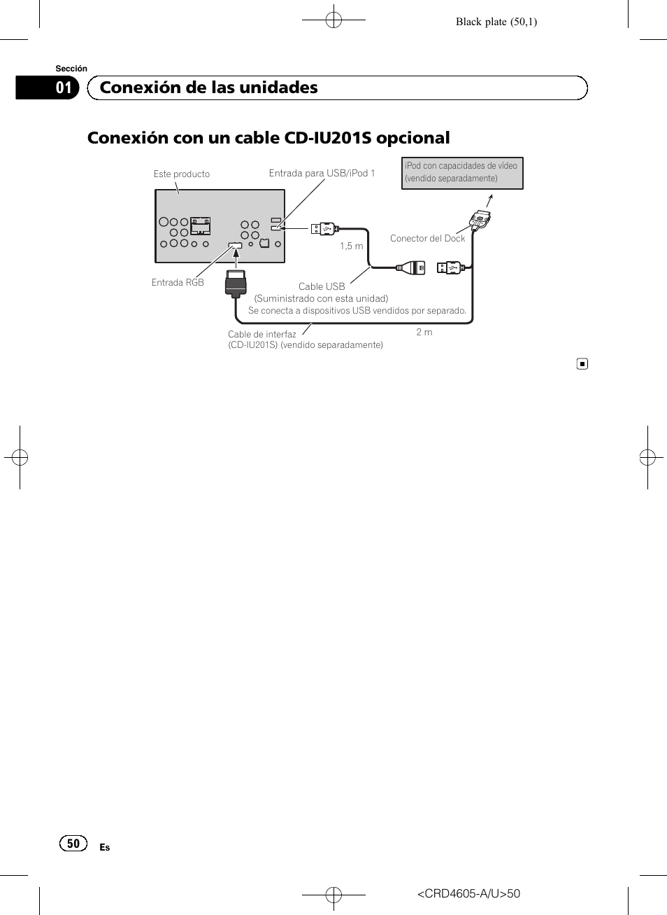 Conexión con un cable cd-iu201s opcional, 01 conexión de las unidades | Pioneer AVH-8400BT User Manual | Page 50 / 88