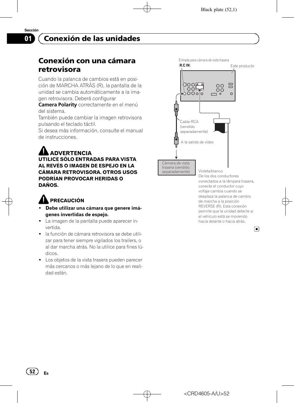 Conexión con una cámara retrovisora, 01 conexión de las unidades | Pioneer AVH-8400BT User Manual | Page 52 / 88