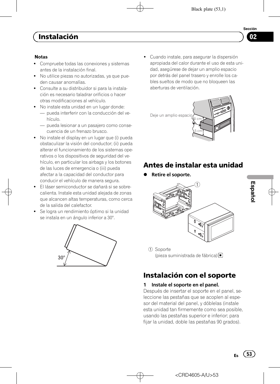 Antes de instalar esta unidad, Instalación con el soporte, 02 instalación | Pioneer AVH-8400BT User Manual | Page 53 / 88