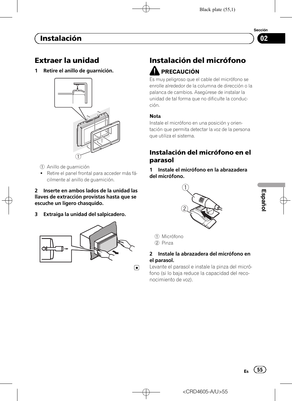 Extraer la unidad, Instalación del micrófono, 02 instalación | Pioneer AVH-8400BT User Manual | Page 55 / 88