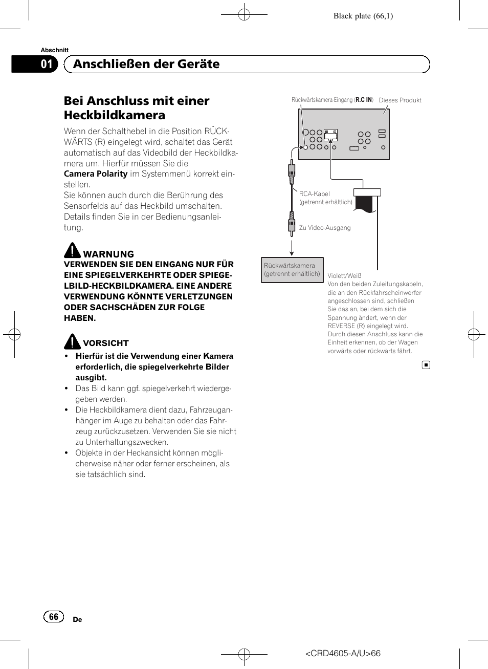 Bei anschluss mit einer heckbildkamera, 01 anschließen der geräte | Pioneer AVH-8400BT User Manual | Page 66 / 88
