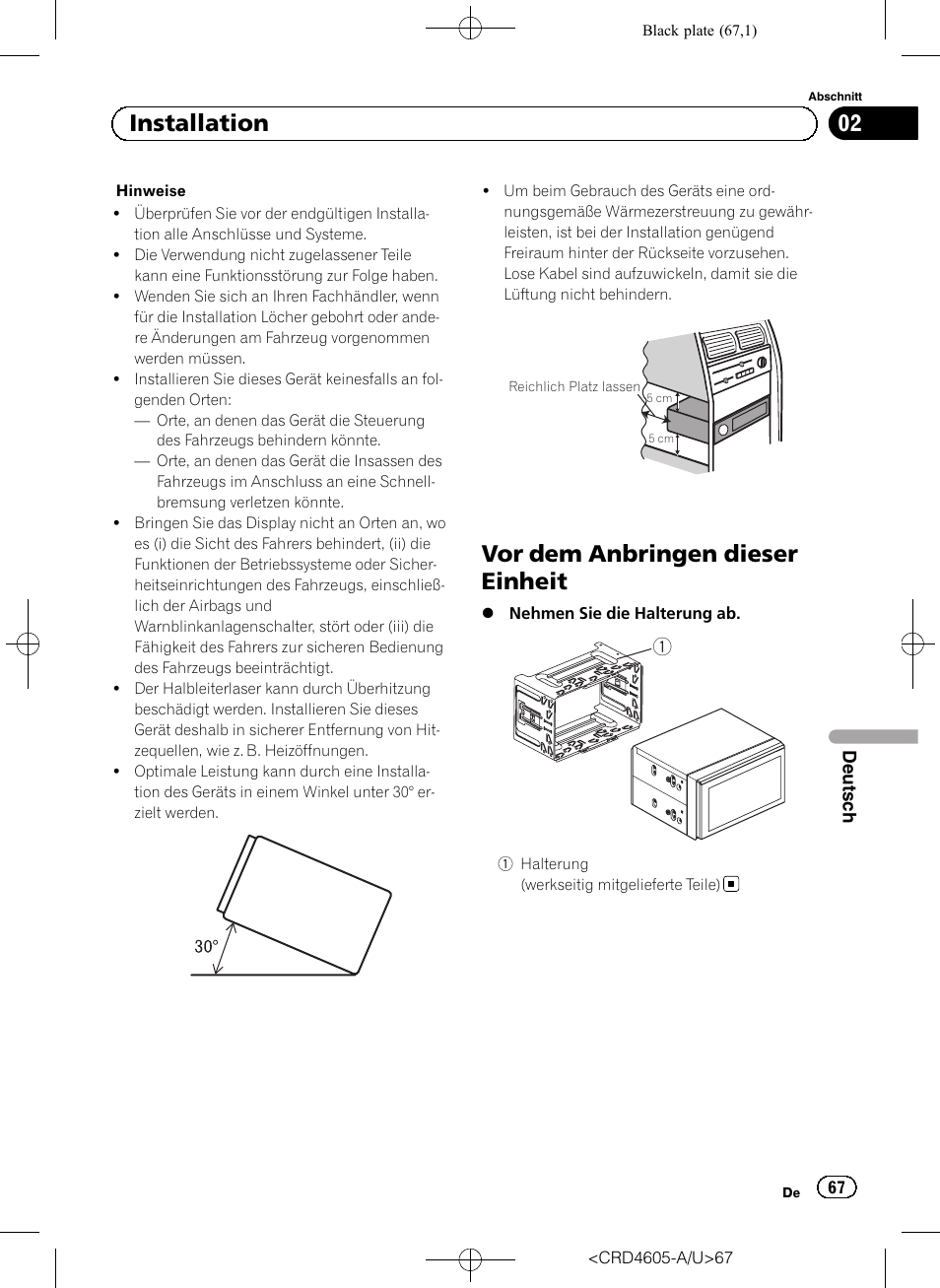 Vor dem anbringen dieser einheit, 02 installation | Pioneer AVH-8400BT User Manual | Page 67 / 88
