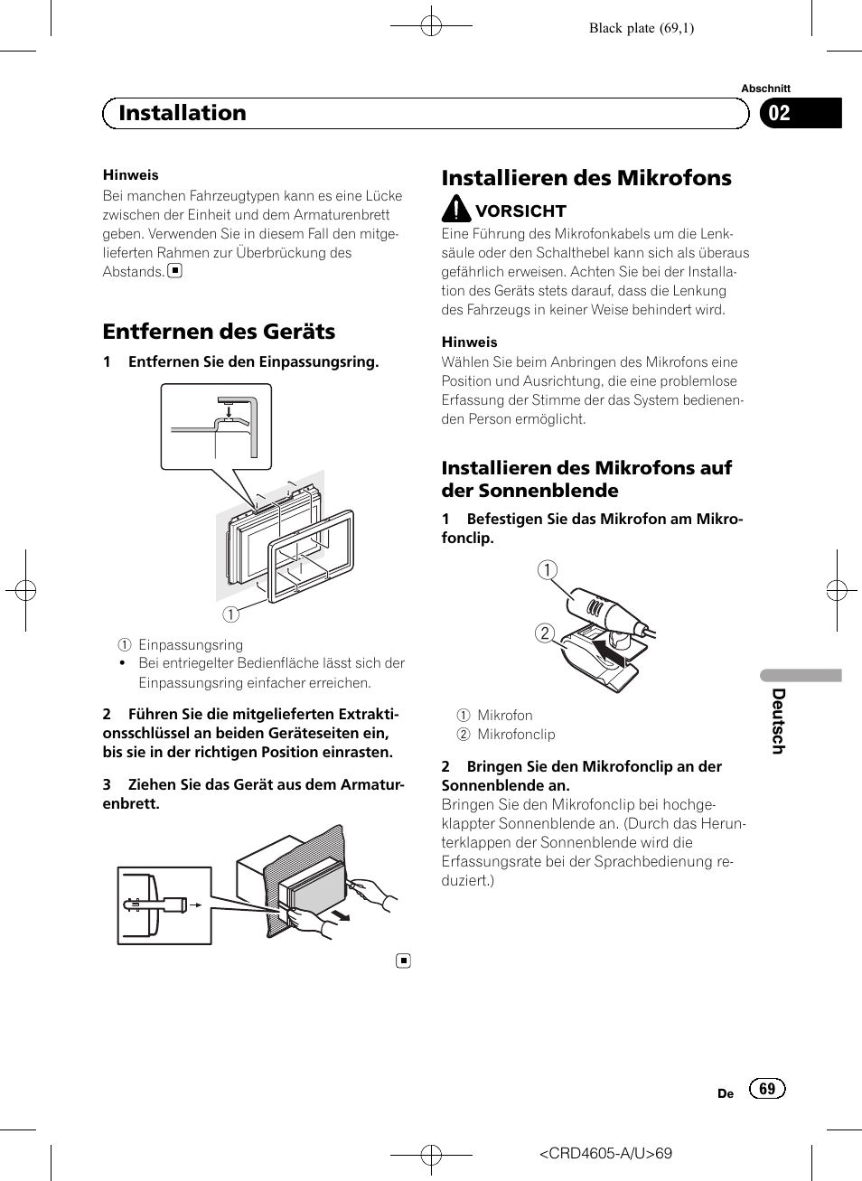 Entfernen des geräts, Installieren des mikrofons, 02 installation | Pioneer AVH-8400BT User Manual | Page 69 / 88