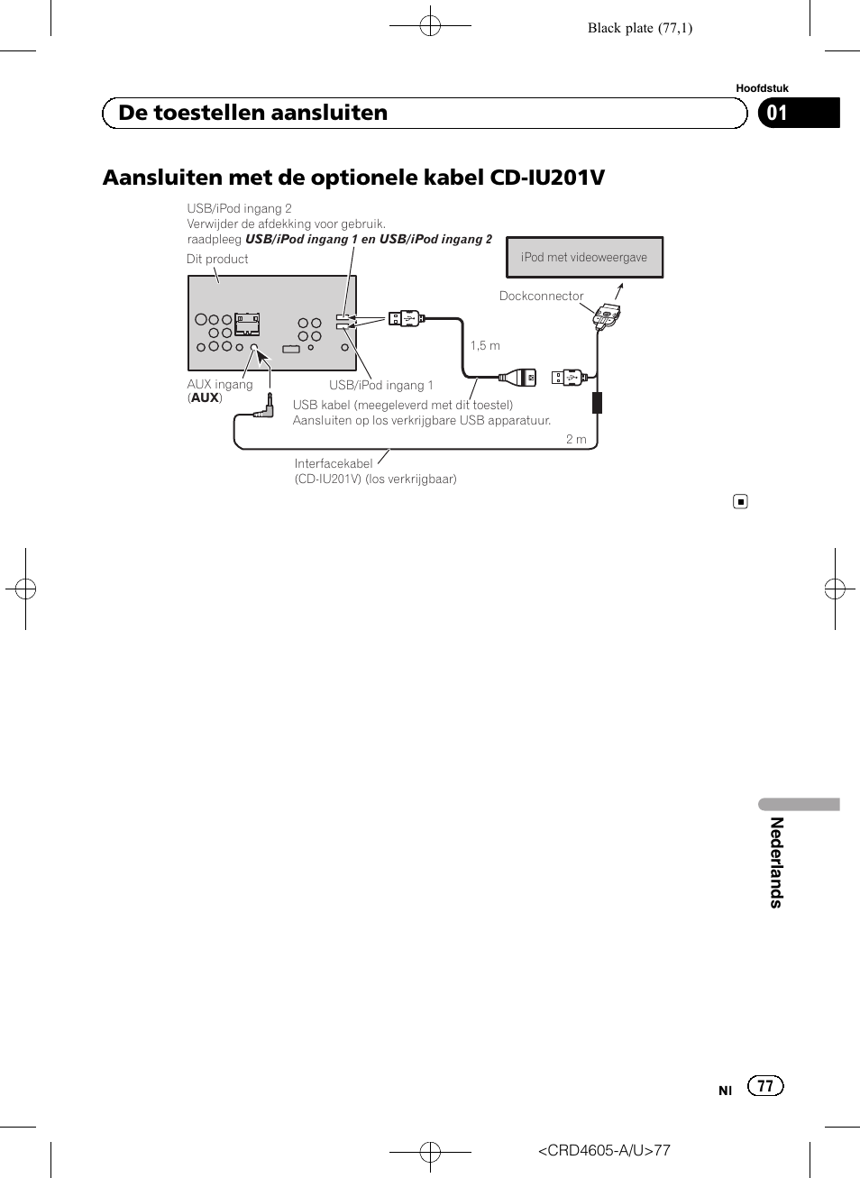 Aansluiten met de optionele kabel cd-iu201v, 01 de toestellen aansluiten | Pioneer AVH-8400BT User Manual | Page 77 / 88