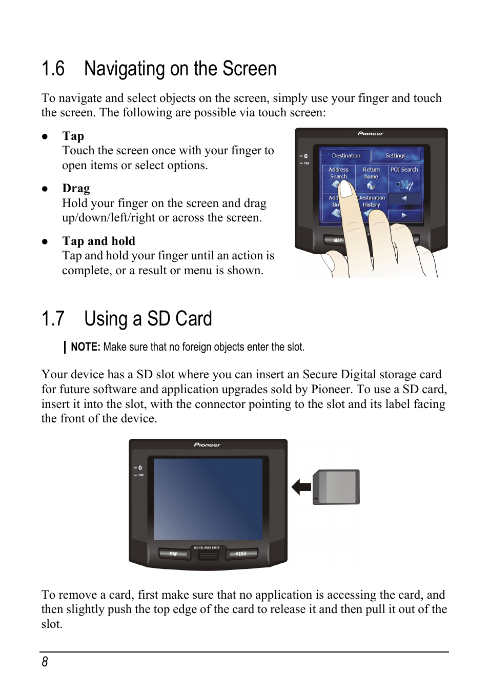 6 navigating on the screen, 7 using a sd card, Navigating on the screen | Using a sd card | Pioneer AVIC-S1 User Manual | Page 14 / 28