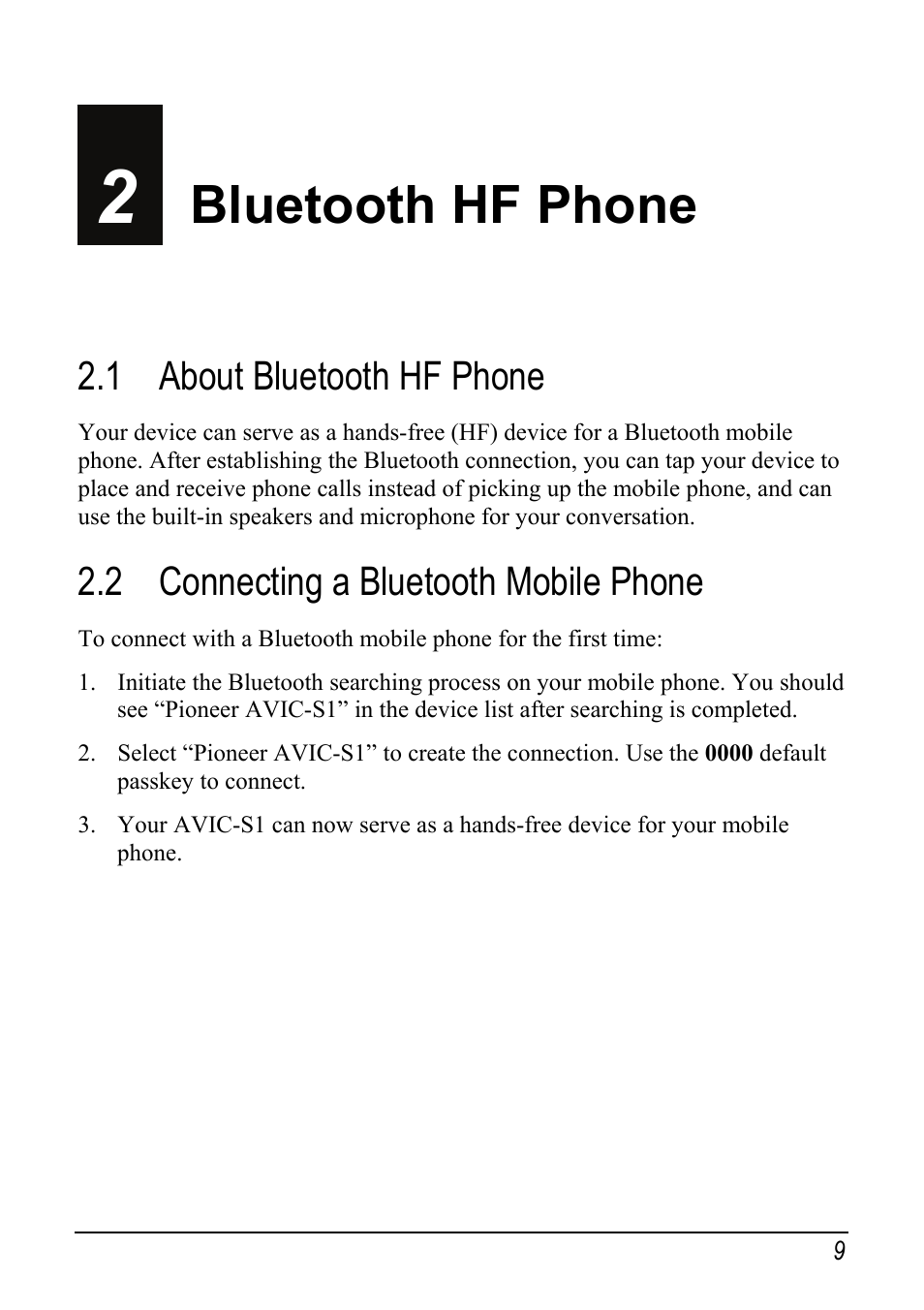 2 bluetooth hf phone, 1 about bluetooth hf phone, 2 connecting a bluetooth mobile phone | Bluetooth hf phone, About bluetooth hf phone, Connecting a bluetooth mobile phone | Pioneer AVIC-S1 User Manual | Page 15 / 28