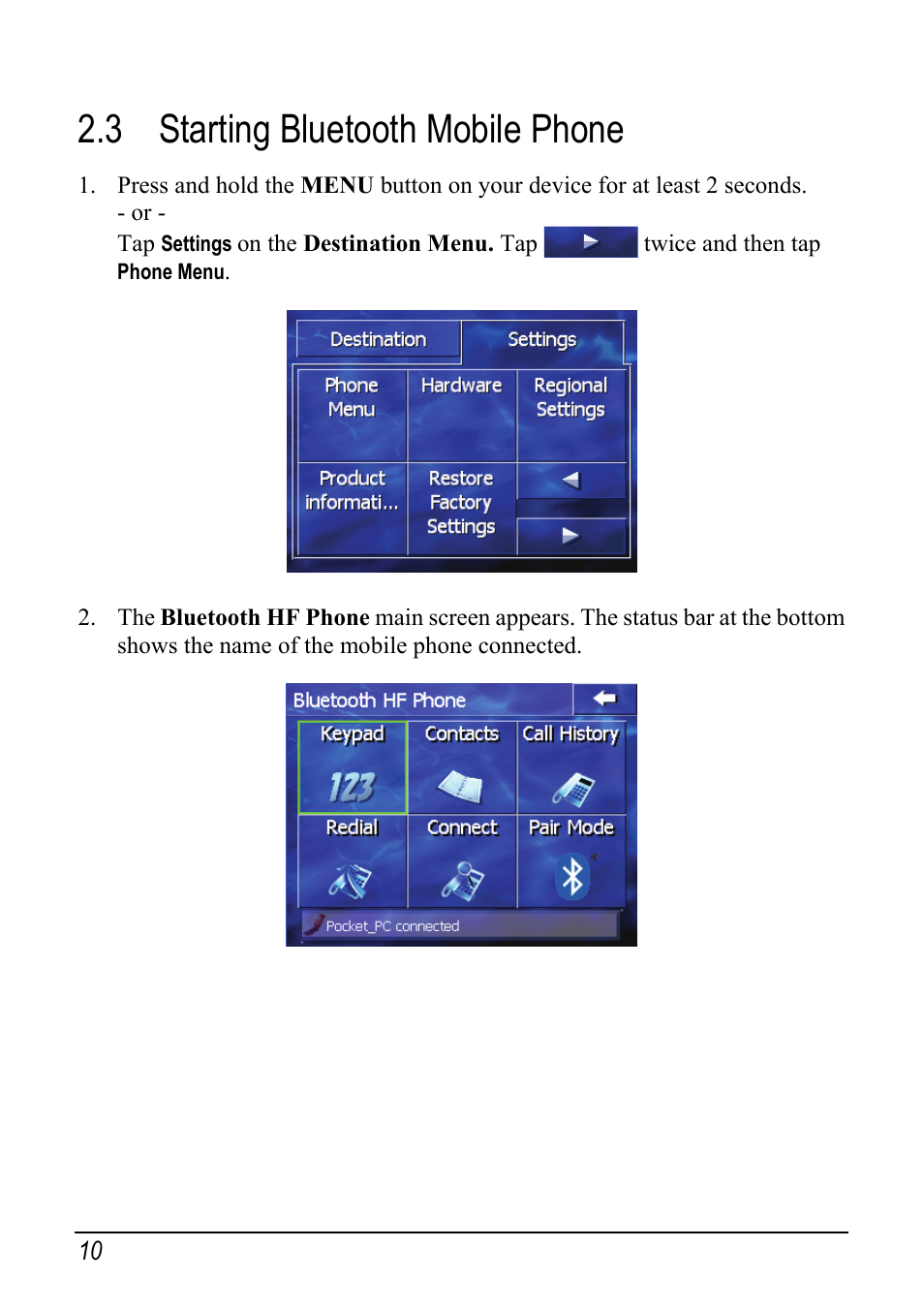 3 starting bluetooth mobile phone, Starting bluetooth mobile phone | Pioneer AVIC-S1 User Manual | Page 16 / 28
