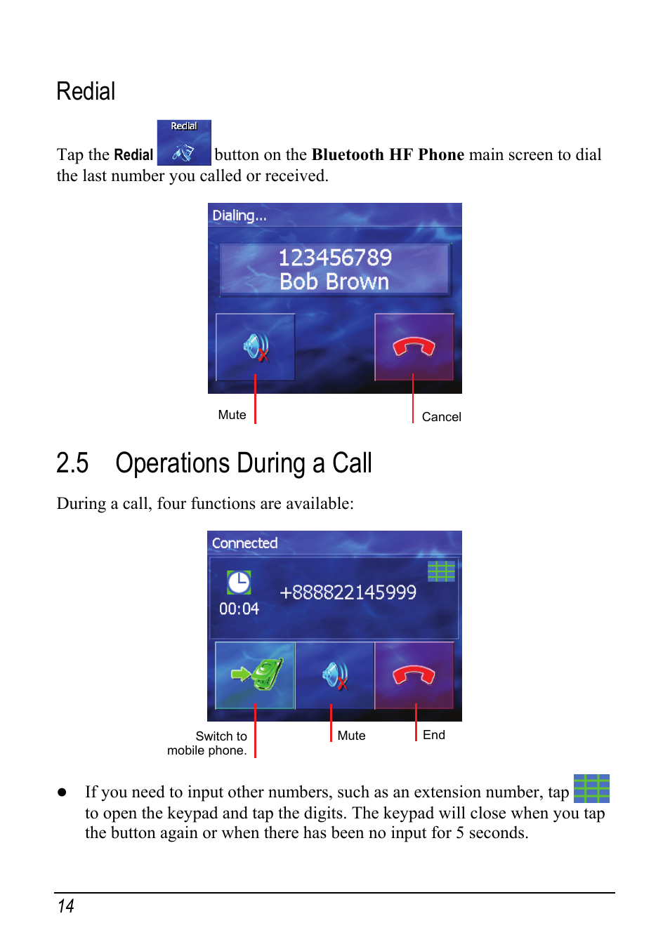 Redial, 5 operations during a call, Operations during a call | Pioneer AVIC-S1 User Manual | Page 20 / 28