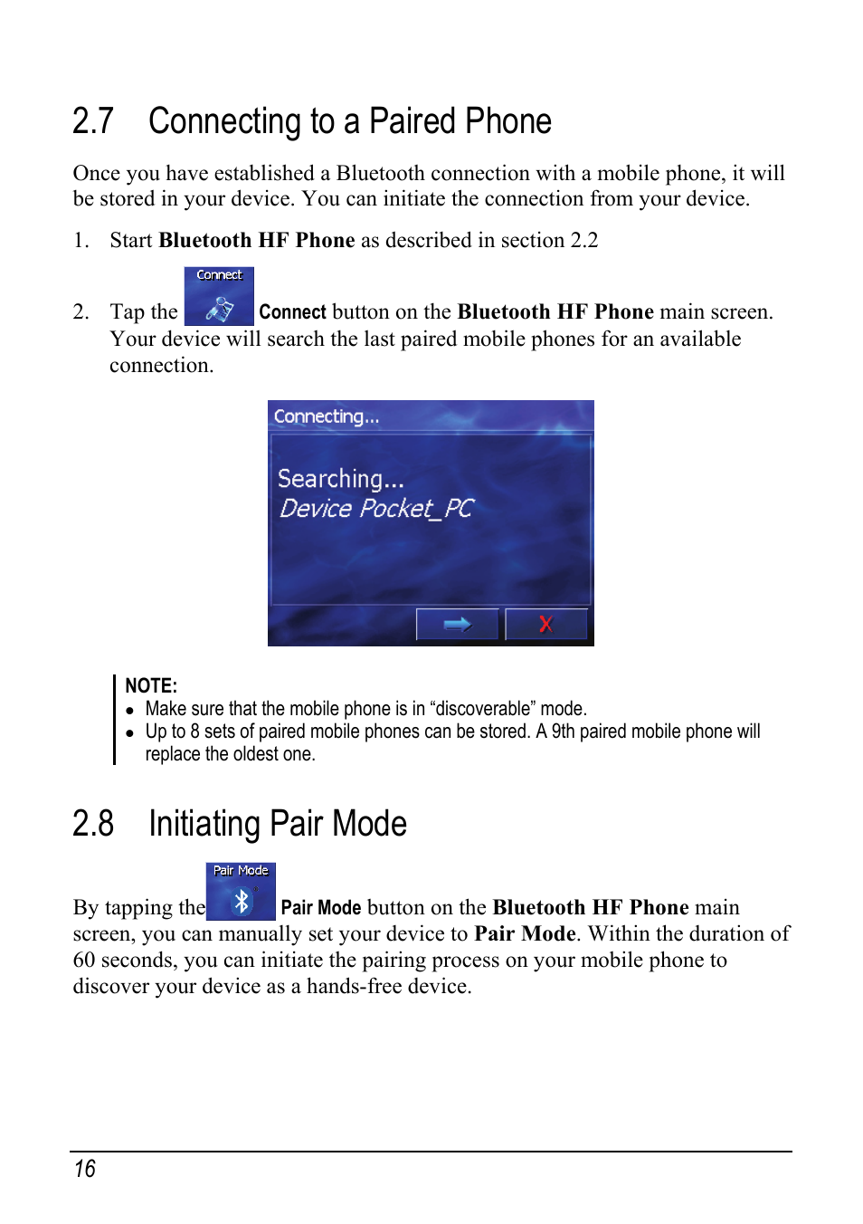 7 connecting to a paired phone, 8 initiating pair mode, Connecting to a paired phone | Initiating pair mode | Pioneer AVIC-S1 User Manual | Page 22 / 28