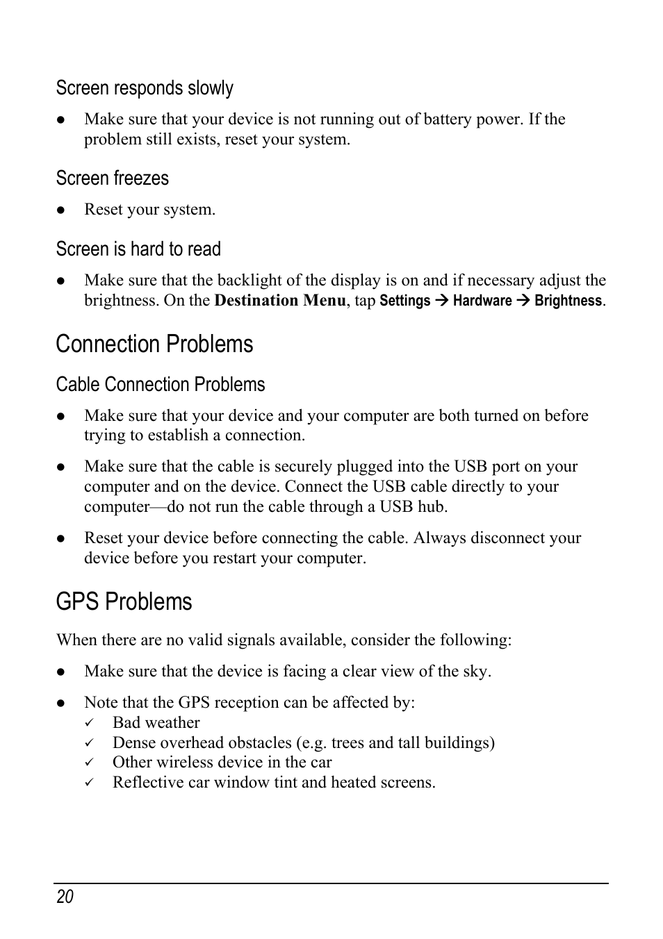 Connection problems, Gps problems, Screen responds slowly | Screen freezes, Screen is hard to read, Cable connection problems | Pioneer AVIC-S1 User Manual | Page 26 / 28