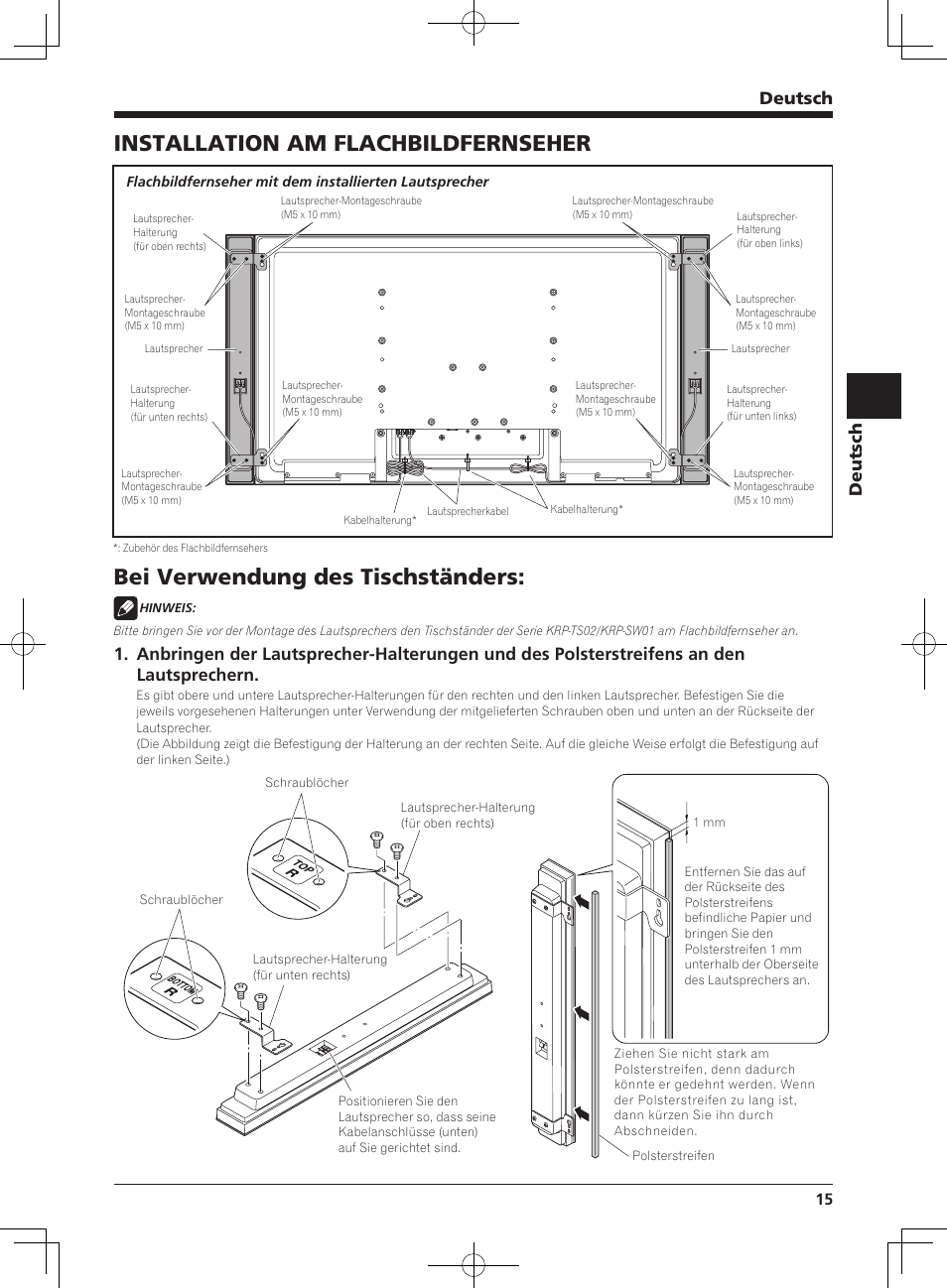 Installation am flachbildfernseher, Bei verwendung des tischständers, Deutsch | Pioneer KRP-S03 User Manual | Page 15 / 50