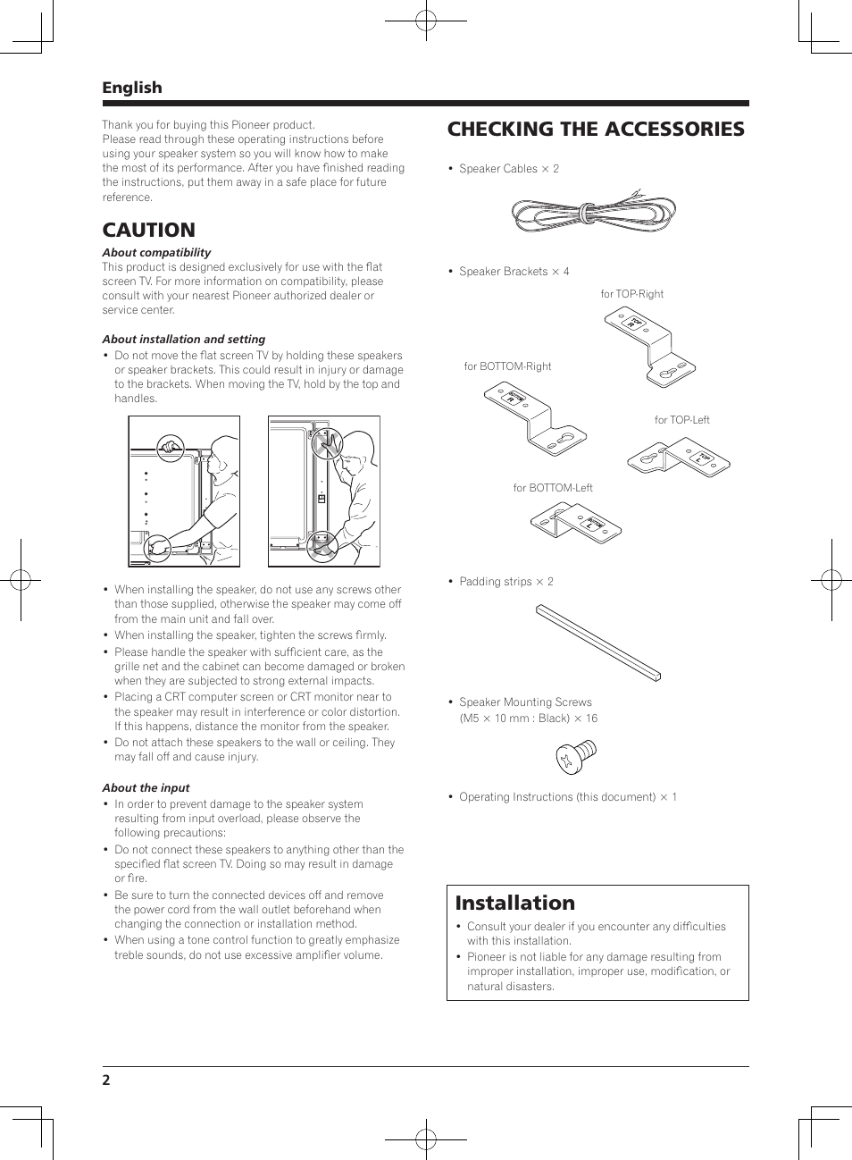 Caution, Checking the accessories, Installation | English | Pioneer KRP-S03 User Manual | Page 2 / 50