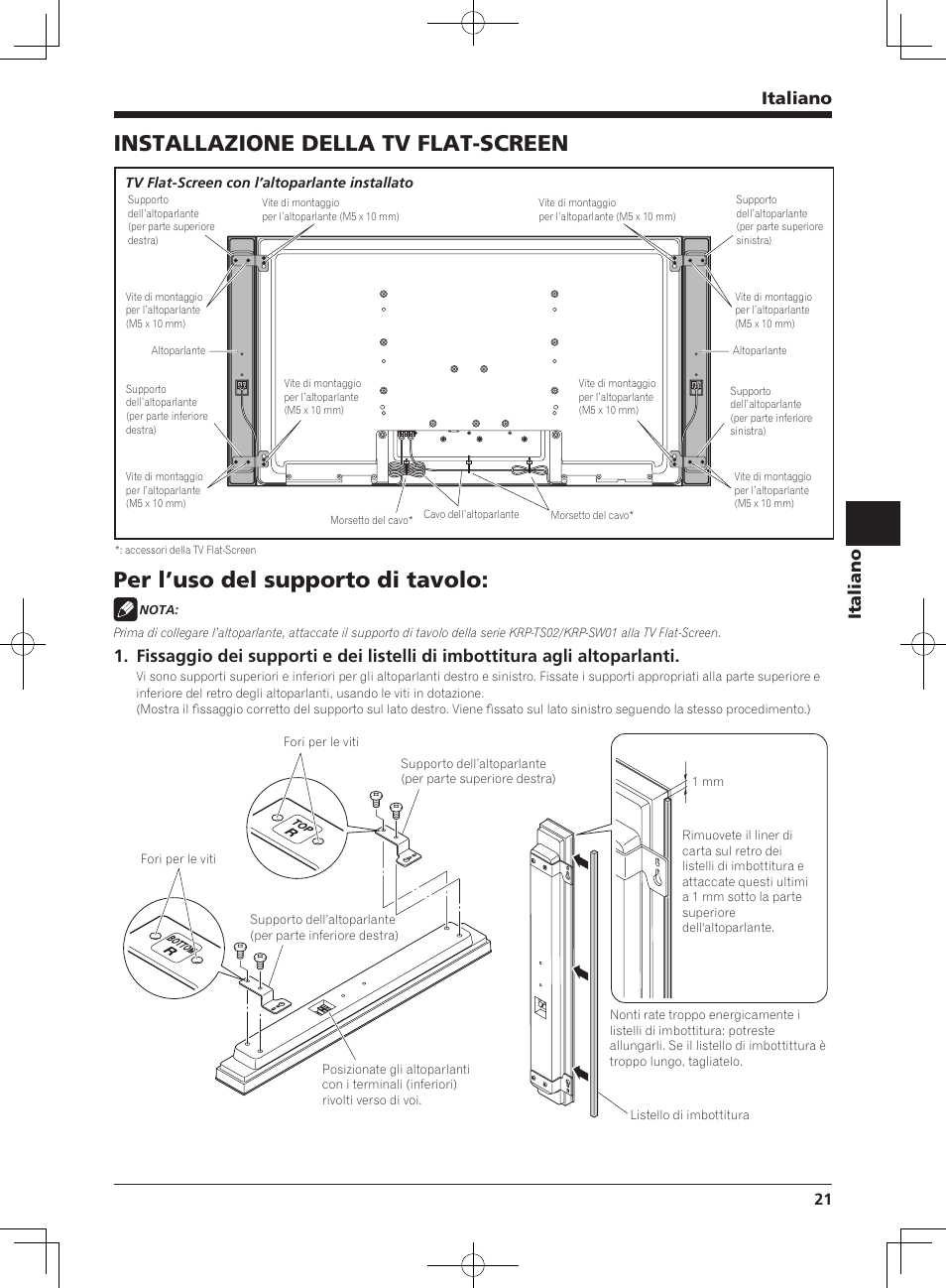 Installazione della tv flat-screen, Per l’uso del supporto di tavolo, Italiano | Pioneer KRP-S03 User Manual | Page 21 / 50