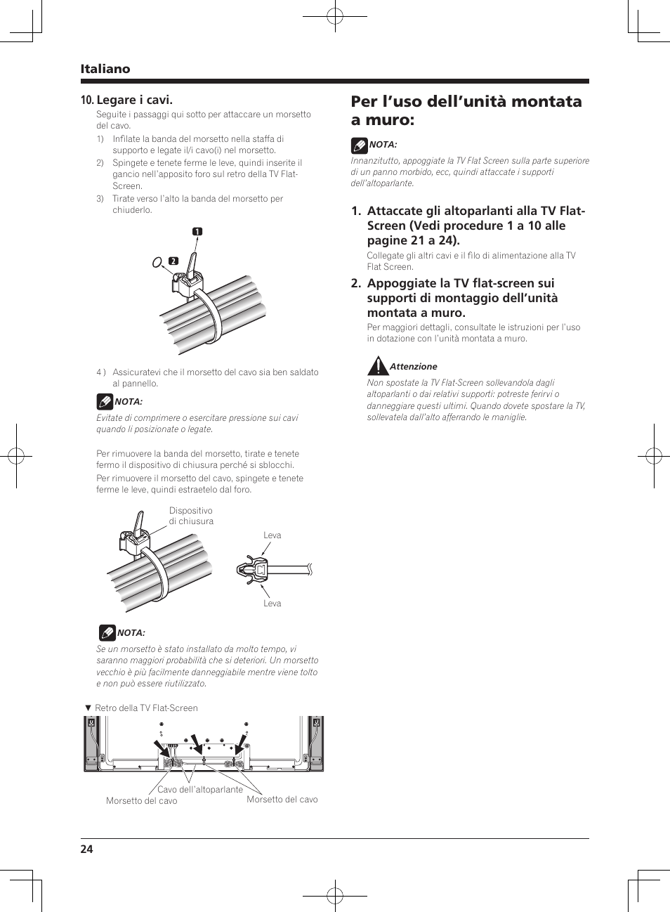 Per l’uso dell’unità montata a muro, Italiano, Legare i cavi | Pioneer KRP-S03 User Manual | Page 24 / 50