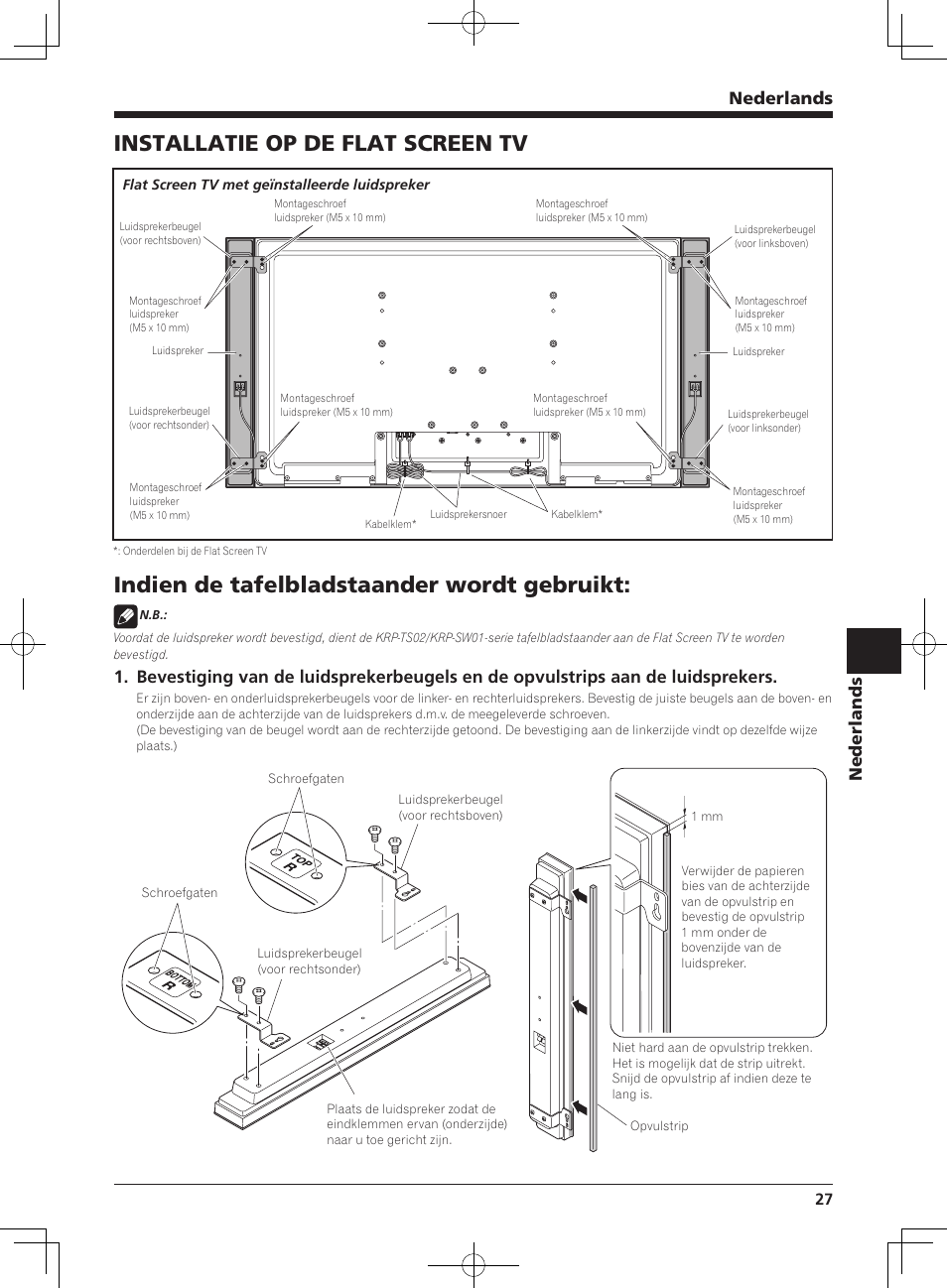 Installatie op de flat screen tv, Indien de tafelbladstaander wordt gebruikt, Nederlands | Pioneer KRP-S03 User Manual | Page 27 / 50