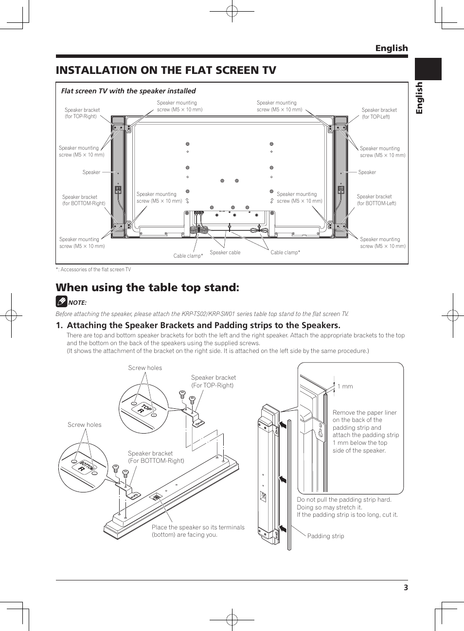 Installation on the flat screen tv, When using the table top stand, English | Pioneer KRP-S03 User Manual | Page 3 / 50