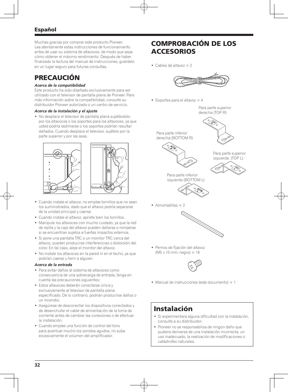 Precaución, Comprobación de los accesorios, Instalación | Español | Pioneer KRP-S03 User Manual | Page 32 / 50